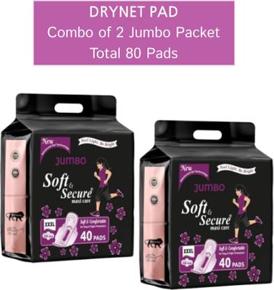soft & secure Pack of 2 Jumbo Pads XXXL Soft, Light and Large 80 pcs Sanitary Pad Sanitary Pad