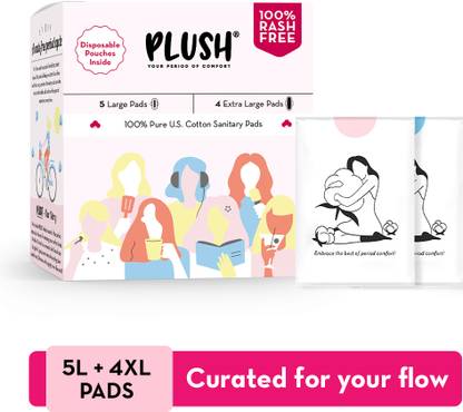 प्लश Pure Cotton Sanitary Pads with Individual Disposable Pouch|100% Rash Free|5L+4XL