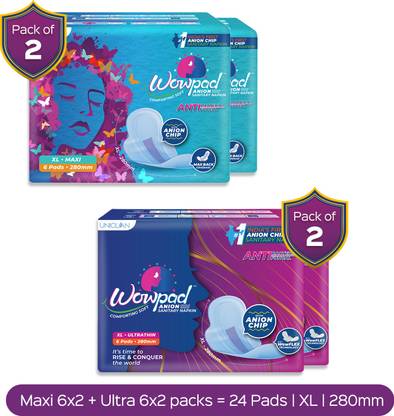 Wowpad Ultrathin & Maxi Combo | 5X Extra Absorbent & Rash-Free Comfort with Anion Chip Sanitary Pad