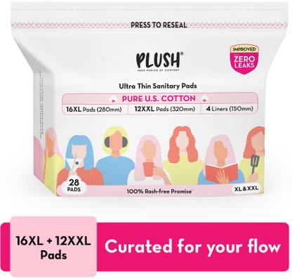 PLUSH 100% Pure U.S. Cotton Rash Free Resealable (12 XL+ 16 L+4 Liners) Sanitary Pad