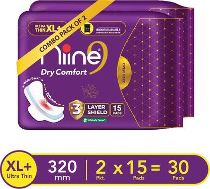 niine Dry Comfort Ultra Thin XL+ SUPER SAVER Sanitary Napkins with Biodegradable bags inside, 30 Pads Count for HEAVY FLOW Sanitary Pad