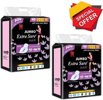 Jumbo Extra Sure Sanitary Pads for Women with Wings | Dry-net Soft & Comfortable Sanitary Napkins for Day & Night Protection - XXXL (combo pack of 2) (80 pads + 20 Pantyliner)) Sanitary Pad