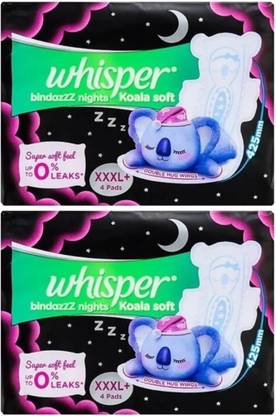 Whisper Bindazzz Nights Koala Soft Sanitary Pads XXX-Large+ Pack of 4+4 Napkins Sanitary Pad