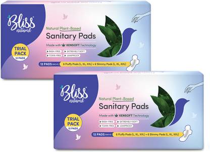 BlissNatural Organic Trial Pack Combo 12 Fluffy Pad + 12 Slimmy ( L, XL, XXL) Sanitary Pad