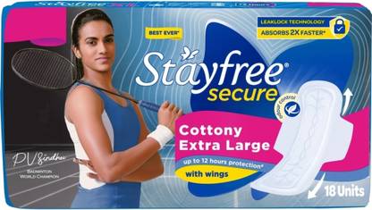 STAYFREE Secure Extra Large Cottony Soft Cover Sanitary Pads For Women With Wings 18 Pads Sanitary Pad