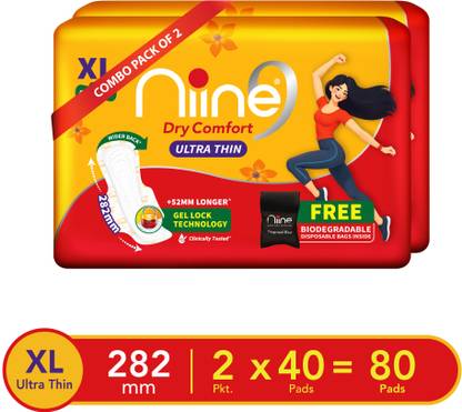 niine Dry Comfort Ultra Thin XL Lock Gel Technology Disposable Bag Inside, Combo of 2 Sanitary Pad