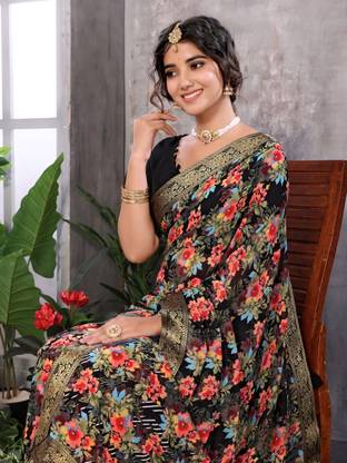 Printed Bollywood Georgette, Lace Saree