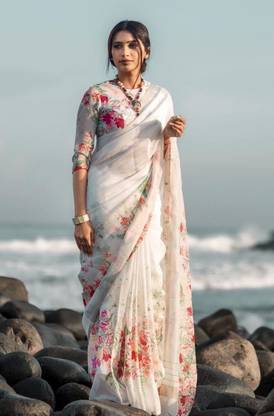 VRIYUDI Woven, Self Design, Striped Bollywood Cotton Linen, Linen Saree