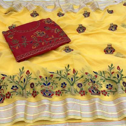 Dhruv Creation Embroidered Chanderi Chanderi Saree with Unstitched Blouse