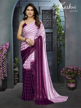 Striped, Ombre, Self Design Bollywood Satin Saree