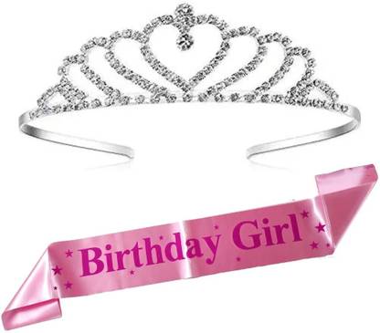 Unique Creations Birthday Girl Pink Sash with Beautiful Rhinstone Tiara Crown Set with Safety Pin