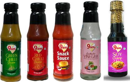 9am Soya, Green & Red Chilli, Snack & Vinegar Sauces | 200gx5 | Pure Veg & Tasty Sauces & Ketchup