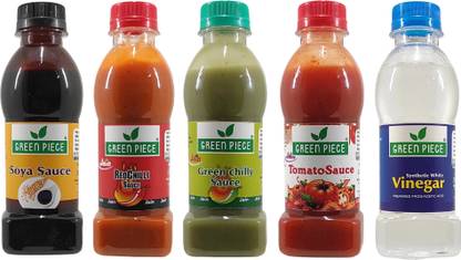 GREEN PIECE Jain Sauce Combo of Soya,Tomato,Green Chilli,Red Chilli and Vinegar (Pack of 5) Sauces & Ketchup