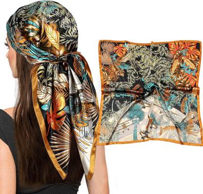 LQZ Floral Print Satin Blend Women Scarf