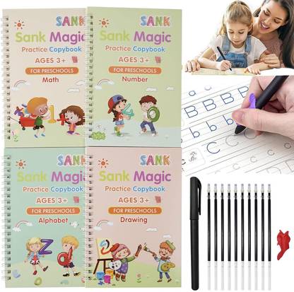 Magic Practice Copybook, Number Tracing Book For Preschoolers With Pen, (4 BOOK + 10 REFILL) Magic Calligraphy Copybook Set Practical Reusable Writing Tool Simple Hand Lettering