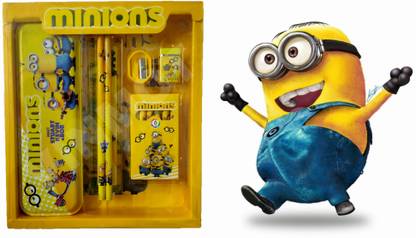 VINMOT Minions Stationery Set Geometry, Pencil, Eraser, Scale, Sharpener, Crayon - 12Pc Minions Theme Art Metal Pencil Box