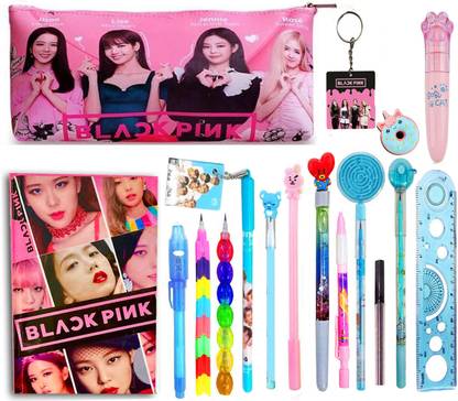 Neel Black Pink BTS Stationery Gift Set for Kids,Black Pink Theme Pencil Pouch with A6 Diary All Black Pink School Stationery Set with Pen Pencil all Complete Stationery Set 80 Pages