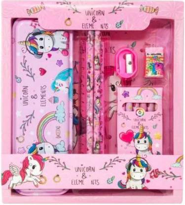 cutetoys unicorn stationery gift set pencil eraser colours sharpner scale and metal box