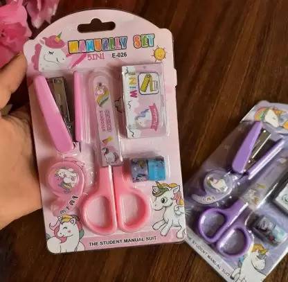 Rockjon Rock Mini Stationary Scissor Stapler Combo Set Pack With 5 Item (Purple, Pink) Scissors