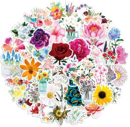 HASTHIP 3 cm Spring Flower Stickers Waterproof Plant Stickers for Water Bottles Laptop Computer and Scrapbook Great Stickers for Children and Adults Perfect Gift (Multi-color1) Self Adhesive Sticker