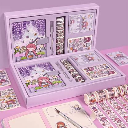 HASTHIP Cartoon Scrapbook Kit Gift Set Cute Theme Notebook Washi Tape Stickers Set Theme,  Scrapbook Kit