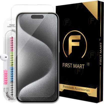 FIRST MART Edge To Edge Tempered Glass for iPhone 15 Pro, Apple iPhone 15 Pro, OG Tempered Glass with Cable Protector