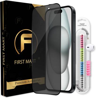 FIRST MART Edge To Edge Tempered Glass for iPhone 15, iPhone 14 Pro, ( 1 Privacy Matte Anti Spy Glass with 1 Cable Protector )