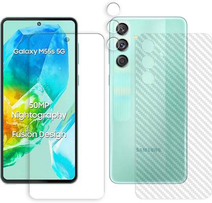 SOMTONE Front and Back Tempered Glass for Samsung Galaxy M55s 5G Tempered Glass Screen Protector | Anti-Scratch | Edge to Edge Full Coverage | 9H Hardness (1 FRONT SCREEN GUARD + 1 BACK CARBON FIBER SKIN + 1 CAMERA LENS PROTECTOR)