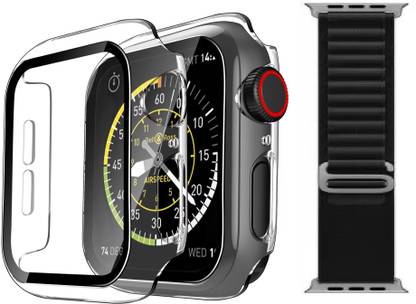 TSHIENTT Front and Back Tempered Glass for Apple Watch Series 6 5 4 SE/SE2 44mm with Tempered Glass Screen Protector, iWatch 44mm Case with Screen Guard, (transparent) with Black Apline Strap (Combo) (One Pcs Watch Case + One Pcs Strap)