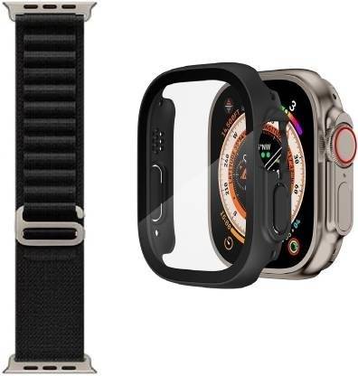 TSHIENTT Front and Back Tempered Glass for Case for Apple Watch Ultra (2022) / Ultra 2 (2023) 49MM with Black Strap [Black Case + Black Strap]