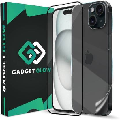 Gadget Glow Front and Back Tempered Glass for iPhone 15, Apple iPhone 15, Apple 15, ( 1 OG Black Border Glass with 1 Back Membrane )