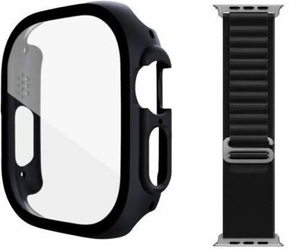Skymac Edge To Edge Screen Guard for Apple Watch Ultra 2 / Ultra 49mm with 9H Tempered Glass Screen Protector, Full Coverage, Touch Sensitive, Ultra-Thin HD Bumper Protective Cover - (49mm Black) with Black Strap (One Pcs watch case+ One Pcs Strap)