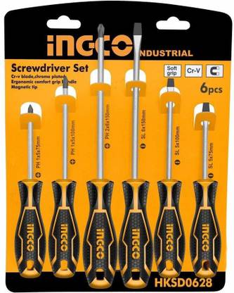 INGCO Industrial Premium Pro-Grade Screwdriver Set with Custom Ergonomic Handle Design - Driver Bits Crafted of Durable Corrosion-Resistant CR-V Steel 6 Pcs. Combination Screwdriver Set