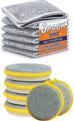 SIBZ 6 PCS Wire Dishwashing Rag Dish Cloth & 6 PCS Double Sided Dish Scrubber Sponge Scrub Pad
