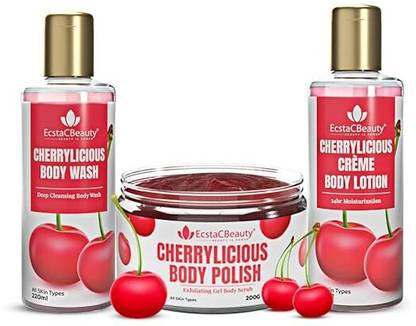 EcstaCBeauty Cherrylicious Body Care Set Body Wash, Body Scrub & Moisturizing Body Lotion Scrub