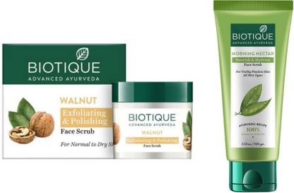 BIOTIQUE Scrub - Walnut Exfoliate & P. 50g & Morning Nectar N. & H. 100ml (Pack of 2) Scrub