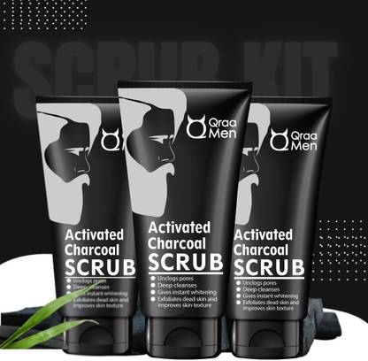 Qraa Activated Bamboo Charcoal Scrub with Essential Oils,For deep cleansing pack of 3 Scrub