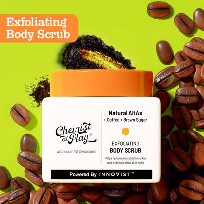 Chemist at Play Exfoliating Coffee Body Scrub for Tan Removal, Soft-Smooth Skin with natural AHA Scrub