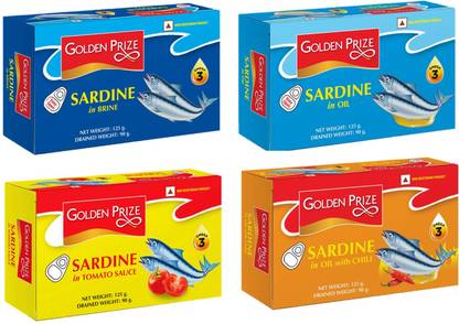 Golden Prize Variety Cans- Brine, Natural Oil, Natural Oii Chili & Tomato Sauce (125g Each) Whole