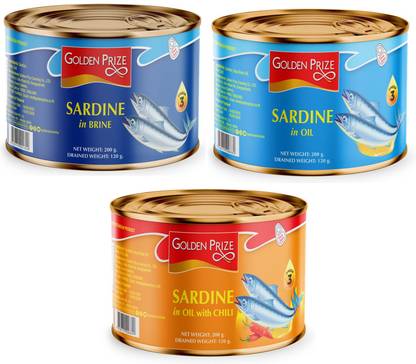 Golden Prize Sardine in Brine, Natural Oil and Natural Oil with Chili (3 x 200gms Each) Slices