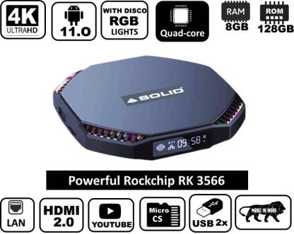 Solid AHD-1096 8GB / 128GB Storage Android TV with 1 Year subscription SILVER Pack Media Streaming Device