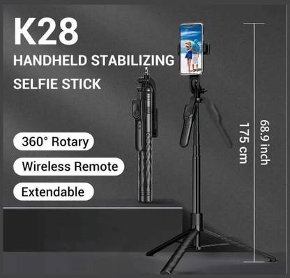 RETRACK K28 STABILIZING HANDHELD TRIPOD 360 degrees Rotation BT Remote 1.75 meters Long Bluetooth Selfie Stick