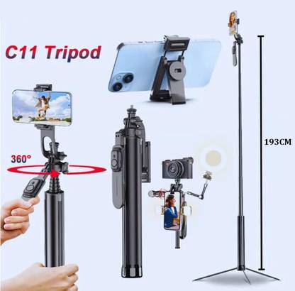 RETRACK C11 1.93M Multifunctional Extendable Aluminum Alloy Tripod Selfie Stick Compatible with Different Kinds of Accessories (1/4" Screw, 1/4" Nut, Cold Shoe), Detachable Phone Clip, 360 Degree Rotation for Horizontal and Vertical Shooting, Comes with Wireless Remote, Suitable for Travel, Group Selfie, Live Streaming, Video Recording Bluetooth Selfie Stick