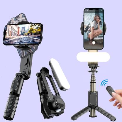 FKU Q09 Foldable Handheld Gimbal Stabilizer Stick Tripod with Bluetooth Wireless Remote & Removable Fill Light Bluetooth Selfie Stick