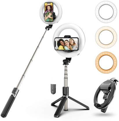 Hold up Selfie Light Selfie Stick Tripod with Ring Light, 6.3" Dimmable Ring Light with Bluetooth Remote & Phone Holder, Adapter for YouTube Live Stream Photography Compatible with iOS Android Bluetooth Selfie Stick
