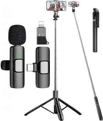 GADGETSWEAR (Combo with Wireless Mic) Selfie Stick with Tripod Stand, Bluetooth Selfie Stick