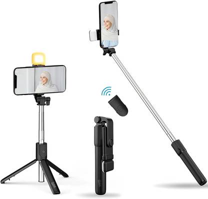 MAK Selfie Stick with Tripod Stand, 3 in 1 Multifunctional design, Rechargable LED Light with Two Brighness Levels for Make up, Selfie, Vlogging & Photo Shoot, Selfie stick with Bluetooth Remote Bluetooth Selfie Stick