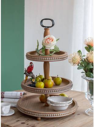 Duadecor White Wood Beaded 3 Tier Round Tray Serving Platters Large 16” x 24” (3 Tier) Tray Serving Set