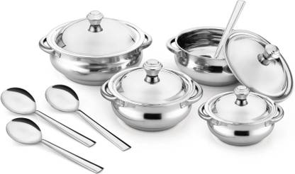 Jensons Stainless Steel Serving handi with lid | 4 Serving Spoon+ 4 Serving Bowl, Spoon Serving Set