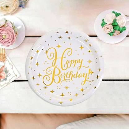Partywala Happy Birthday Print in White Round Paper Plates (Pack of 10pc) Half Plate